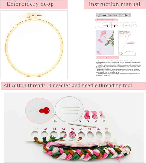 FOXTEMO Embroidery Kit for Beginners Adults, 1 Pack 20CM Embroidery Hoops, Acacia Embroidery Pattern Beginner Embroidery Kit with Needles and Thre...