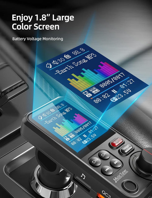 Nulaxy FM Bluetooth Transmitter for Car, Strong Microphone Bluetooth Car Adapter with 1.8" Color Screen for Hands-Free Calls, Supports QC3.0 Charg...