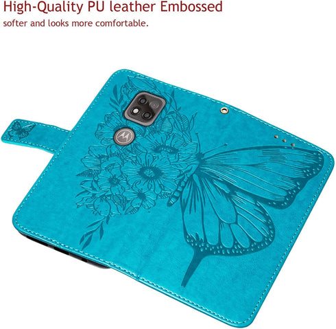 for Moto G Power 2021 Phone Case Wallet, Butterfly Floral Embossed, Wrist Strap, Card Holder Slots, Stand Leather Protective Flip Cover (Blue)...