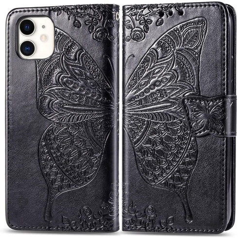 for iPhone 11 Wallet Case,Women Flip Folio Cover with Butterfly Embossed PU Leather Stand Card Holder Slots Magnetic Detachable Wrist Strap for iP...