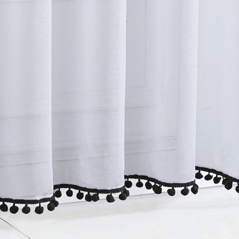 Treatmentex White Sheer Curtains Black Pompoms 63" inches Long Window Draperies for Boy's Room Bed Canopy 2 Panels Rod Pocket...