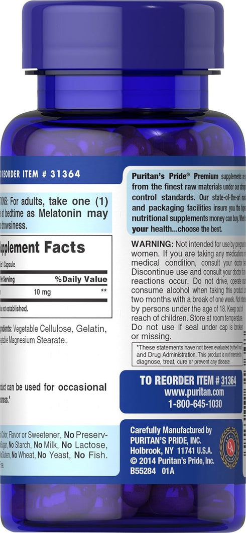 Puritan's Pride Rapid Release Melatonin 10Mg Capsule, Supports Sound Sleep, 120 Count, (Package May Vary)...