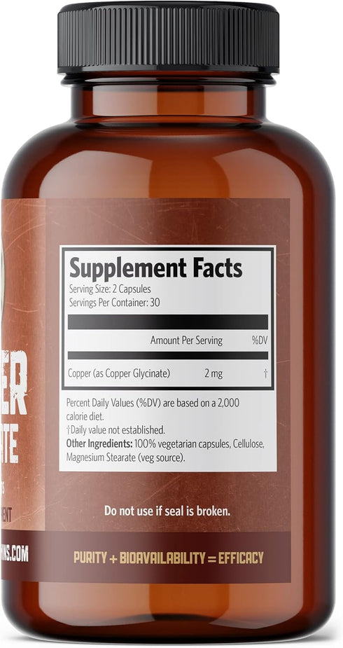 Copper Glycinate Mineral Supplement -1 mg - 60 Vegan Caps by Pure Lab Vitamins - Essential for Collagen Production, Supports Immune System & Red B...