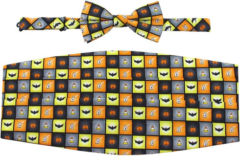 Men's Spooky Halloween Squares Jack-O'-Lantern Ghost Candy Corn Bats Cummerbund Set...