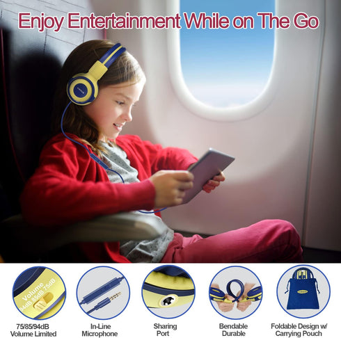 SIMOLIO Kids Headphones with Microphone, 75dB-85dB-94dB Volume Limited Headphone Share Port, On-Ear Wired Headphone with AUX Jack, Foldable & Dura...