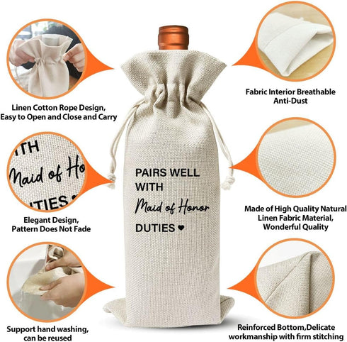 Maid Of Honor Wine Bag Gift For Bridesmaid Her Him Best Friend Women Girl, Engagement Or Bachelorette Party Favor decoration, Bridal Shower, Reusa...
