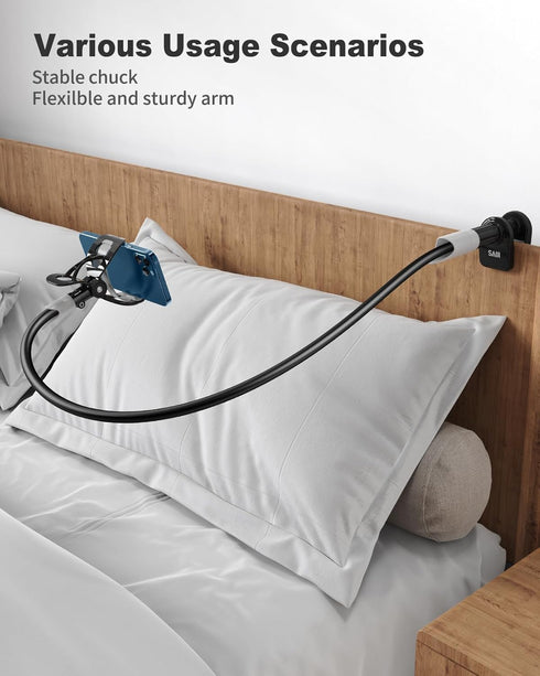 SAIJI Gooseneck Bed Phone Holder, Flexible Long Arm Phone Mount for Desk, Clip Bracket Clamp Stand for 4.0-6.5'' Mobile Cell Phone Stand Document ...