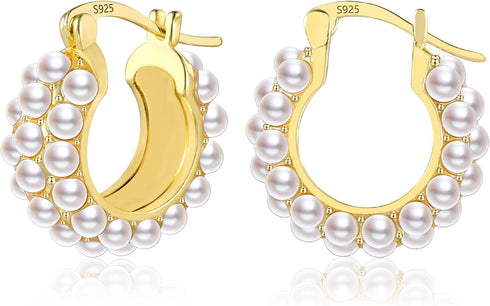 Pearl Earrings for Women Hypoallergenic 18K Gold Plated Sterling Silver Post Lightweight Pearl Hoop Earrings for Women (22mm)...
