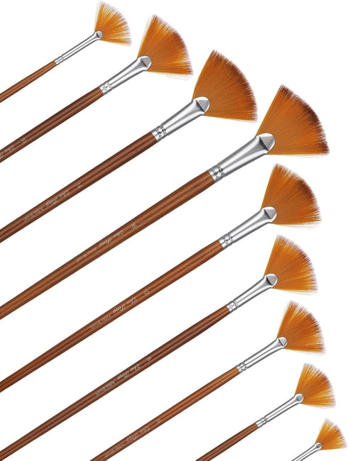 9 Pieces Fan Brush for Painting, Professional Artist Fan Paint Brushes Set Soft Anti-Shedding Nylon Hair Wood Long Handle Paint Brush Set for Acry...
