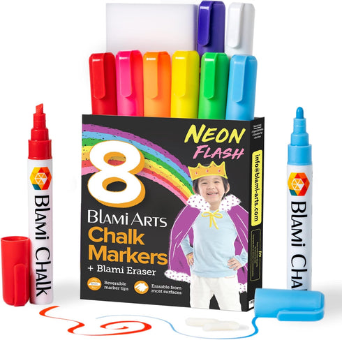 Chalk Markers 8 Pens Set - Neon Vibrant Chalkboard Markers - Non-Toxic Water-based Liquid Chalk Markers with Reversible Tips and Erasing Sponge In...