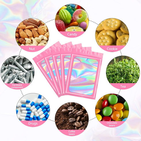 Funfery 100 pcs Pink Holographic Mylar Packaging Bags, Clear Sealing Resealable Smell Proof Bag Foil Pouch Zipper Bag for Food Storage,Lipgloss,Je...