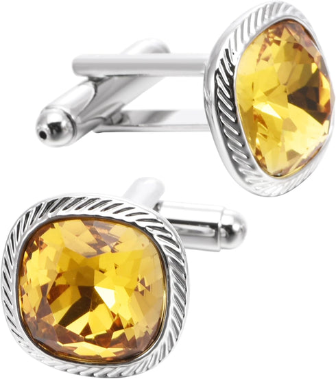 Yellow Zircon Gemstone Cufflinks for Men Lady In Gift Case Silver Square Men's Cufflinks Jewelry Set for Wedding Anniversary Business Party Events...