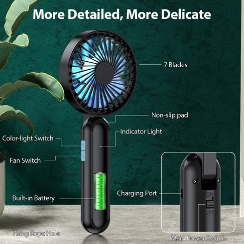 VersionTECH. Portable HandHeld Fan, Personal USB Hand Fans with RGB Color Light, 5 Speed Foldable Table Fan with Rechargeable Battery Operated for...