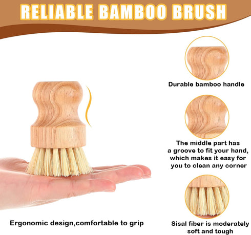 Bamboo Dish Scrub Brushes Wooden Cleaning Scrubbers Set Kitchen Dish Brush Wood Dish Scrubber Dishwashing Brush with Natural Sisal Bristles for Ho...