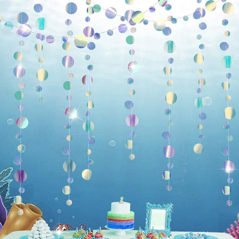 Cheerland Iridescent Circle Garlands Under The Sea Party Decorations Holographic Ocean Party Hanging Streamers for Mermaid Birthday Bubble Backdro...