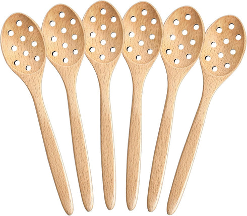 Tioncy 6 Pcs Wooden Slotted Spoons for Jar 7.1" Short Handle 10 Holes Beech Cooking Spoons Caviar Spoon for Soup Cereals Dips Curry Sauces Stews K...