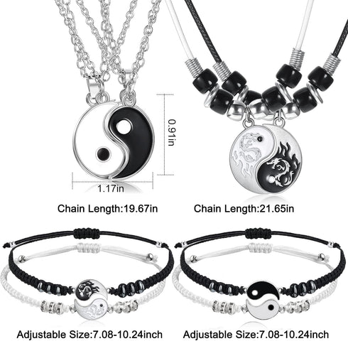 8 Pieces Matching Yin Yang Pendant Necklace Bracelet Set Couple Necklace Adjustable Cord Bracelet Black White Bracelet Accessories for BFF Friends...