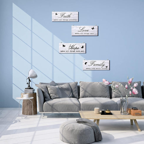 4 Pieces Faith Love Hope Family Wood Sign Farmhouse Wooden Family Sign with Quotes Faith Love Hope Family Home Sign Plaque Rustic Wooden Home Wall...