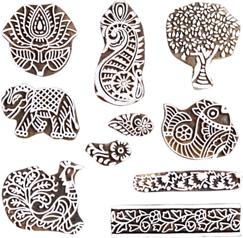 HASHCART Wooden Pottery Stamps for Block Printing - Stamp Set of 10, Made in India Ink Stamps, Wood Blocks for Crafting on Fabric, Blocks, Clay & ...