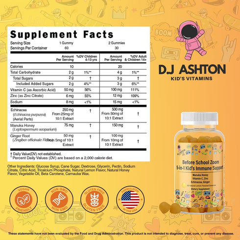 5-in-1 Kid's Immune Support Gummy, Manuka Honey, Vitamin C, Zinc, Echinacea, Ginger, Gummy Supplement, Essential Immune Support Gummies for Daily ...