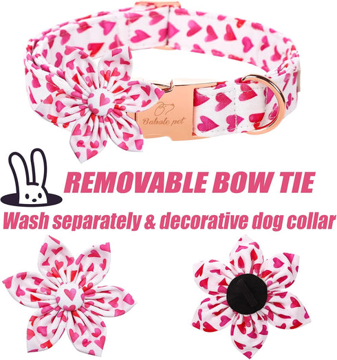 Valentine's Day Dog Collar with Flower Tie, White Red Love Male Dog Collar with Safety Metal Buckle Adjustable Puppy Collars for Small Medium Larg...