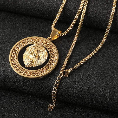 Hip Hop Jewelry 3D Lion Head Shiny Circle of Cuban Link Pendant Gold Medallion Lion King Leo Necklace for Men Women...