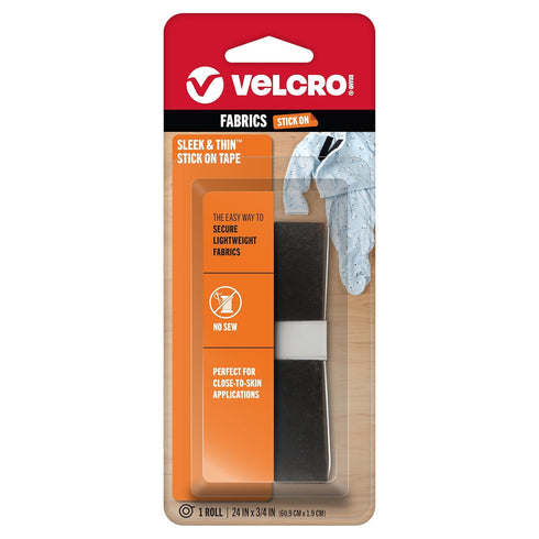 VELCRO Brand Sleek and Thin Stick On Tape for Fabrics | 24in x 3/4in, Black | Soft on Skin Ultra Light | Adhesive Back No Sewing Needed...