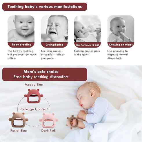 3 Pack Baby Teething Toy for 0-6 Months,Never Drop Teether for Babies 6-12 Months, BPA Free Dust-Proof Silicone Hand Pacifier Baby Chew Toys for I...