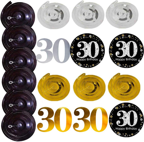 Black & Gold Glittery Happy 30th Birthday Banner,Poms,Sparkling 30 Hanging Swirls Kit for 30th Birthday Party 30th Anniversary Decorations Supplie...