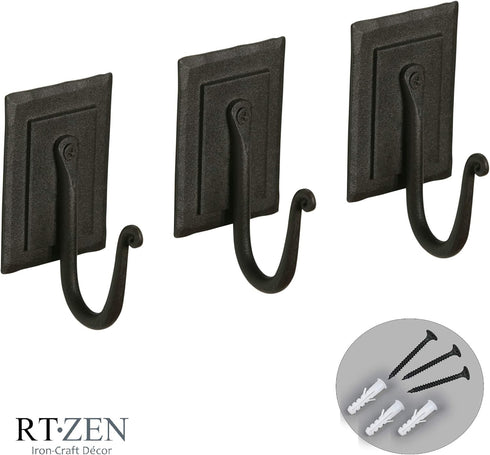 RTZEN Wall Mount Hook Set - Wrought Iron Decorative Rustic Metal Coat Hooks for Hanging - Handcrafted Classic Farmhouse Wall Mounted Black Hooks f...