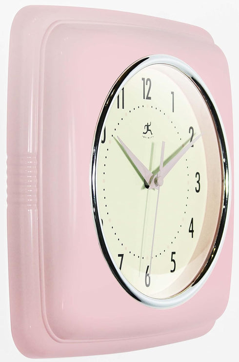 Infinity Instruments Square Silent Retro 9 inch Mid Century Modern Kitchen Diner Retro Wall Clock Quartz Sweep Movement (Pink)...