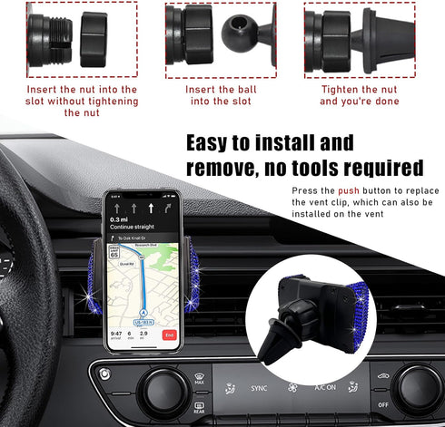Bling Car Phone Holder, 360 Degree Adjustable Crystal Auto Dashboard Air Vent Cell Phone Mount, Universal Car Phone Holder Mount for Windshield Da...