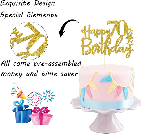 Gold Glitter Happy 70th Birthday Cake Topper, Hello 70, Cheers to 70 Years, 70 & Fabulous Party Decoration...
