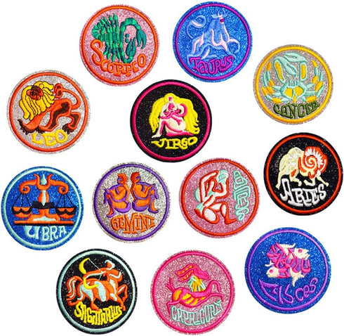 12pcs Embroidered Cloth Patches Iron-on or Sew-on Decorative Repairing Motif Badges Applique Dress Accessories(Zodiac Signs)...