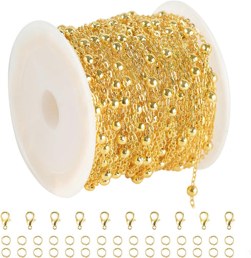 YOUBEIYEE 32.8 Feet Satellite Bead Chain for Jewelry Making 18K Gold Plated Brass Cross Chain Link Jewelry Chain Roll with Jump Rings and Lobster ...