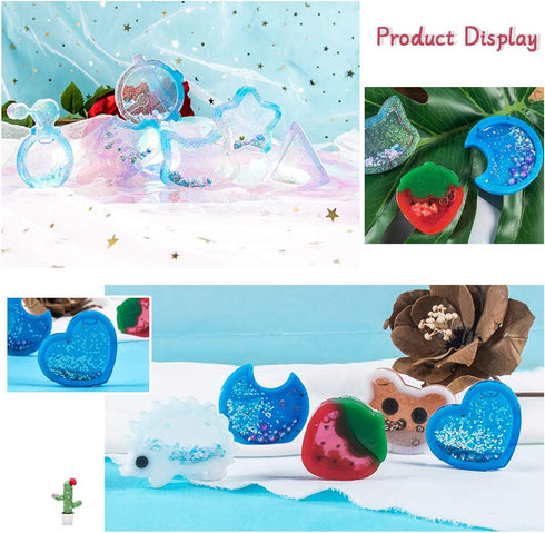 FineInno 11Pcs Quicksand Resin Casting Molds,Resin Art Shaker Mold, Crystal Silicone Hollow Mould Epoxy Pendant Mold Heart, Star, Moon,Bottle,Cat ...