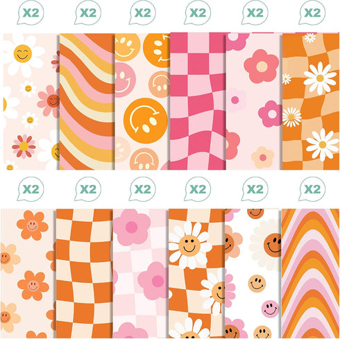 Boho Daisy Face Checkered Gift Scrapbook Paper Pad - 24 Pcs Retro Groovy Checkered Decorative Craft Double-Sided Decopodge Cardstock for DIY Decor...