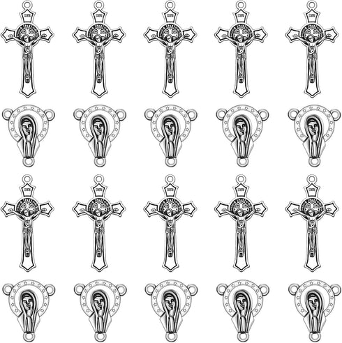 30Pcs/15Sets Alloy Jesus Rosary Cross and Center Medal Charms Pendants Oval Chandelier Links For Catholic Jewelry Making DIY Necklace Bracelet...