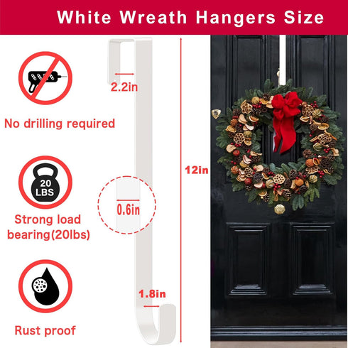 2 Pack Solid Wreath Hanger for Front Door Window Wreath Hooks Holder Over The Door Metal Hook Hangers (White, 12 inch)...