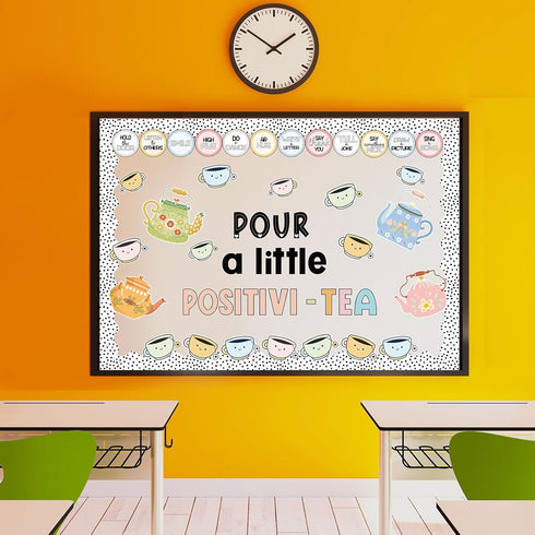 94Pcs Positivi-Tea Bulletin Board Set Motivational Paper Cutouts with 200Pcs Glue Points Kettle Teacup Bulletin Border Stickers for Classroom Offi...
