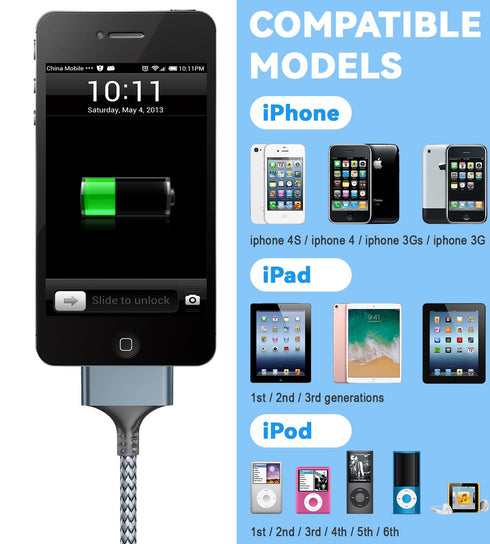 Herfair USB to 30 Pin Charger Cable Nylon Braided USB Charging Cord Compatible with i-Phone 4/4s/3G/3GS, iPad 1 2 3, iPod Touch 4 3 2 1, iPod Clas...