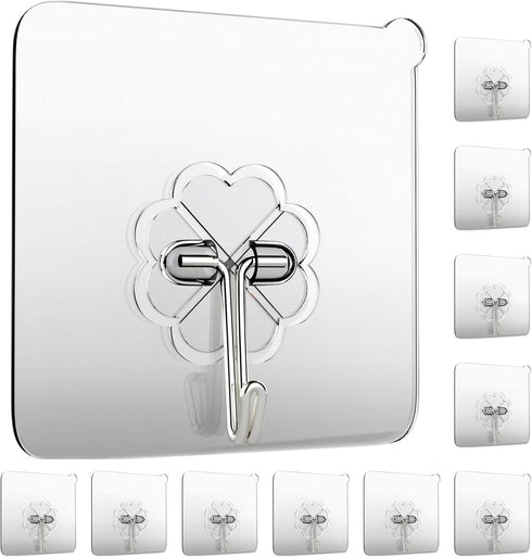 Wall Hooks 33lb(MAX) Heavy Duty Self Adhesive Hooks 10 Pack,Waterproof and Oilproof,Transparent Seamless Hooks Strong,Suitable for Bathroom Kitche...