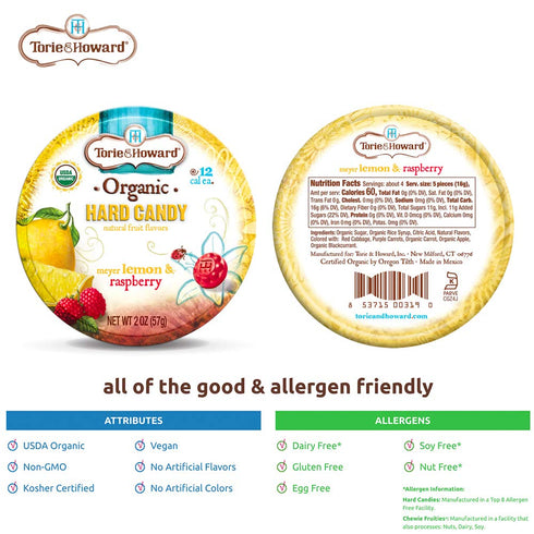 Torie and Howard Organic Hard Candy Lemon and Raspberry, 2 Ounce...