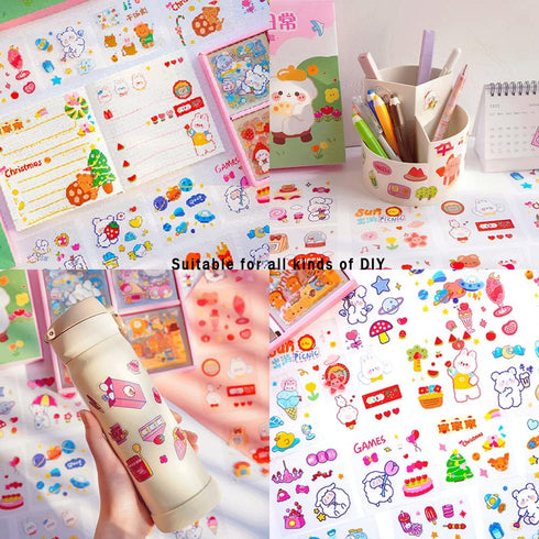 Kawaii Cartoon Rabbit Bear Stickers - EAMOTOL 800 PCS/100 Sheets Transparent PVC Cute Animals Bunny Sticker Kit for Scrapbooking Supplies Planner ...