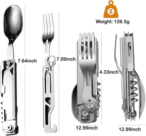 6-in-1 Detachable Camping Utensil, Stainless Steel Cutlery Folding Spoon, Fork, Knife, Wine Bottle Opener Can Opener Portable Combo Set for Campin...