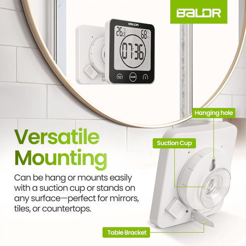 BALDR Digital Shower Clock with Timer - Black - Water-Resistant Shower Timer, Countdown Timer Clock with Temperature and Humidity, Digital Clock f...