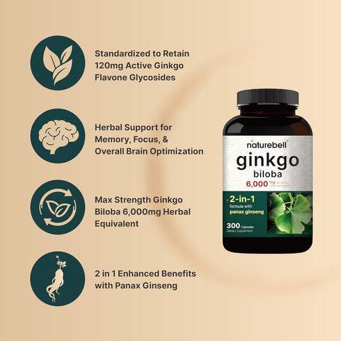 NatureBell Ginkgo Biloba 6,000mg with Panax Ginseng 500mg Per Serving | 300 Capsules – Max Strength Ginko Biloba Extract Supplements - Promotes Me...