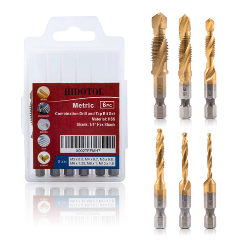 Titanium Combination Drill and Tap Bits Set, 6 PC Metric Screw Taps, 3-in-1 Bit Tool for Drilling, Tapping and Countersinking...