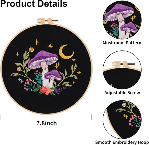 Nuberlic 4 Pack Mushroom Embroidery Kit for Beginners, Starters Cross Stitch Needlepoint Kits for Adults with Stamped Pattern (1 Embroidery Hoops,...