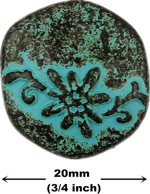 Bezelry 10 Pieces Hexagon Vine Flower Metal Shank Buttons. 20mm (3/4 inch) (Green Patina Varnished)...